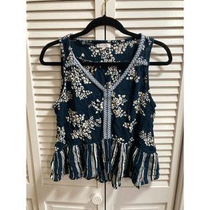 Patrons of Peace Navy Blue Floral Tank Top w Ruffle Hem Embroidered Trim Size M